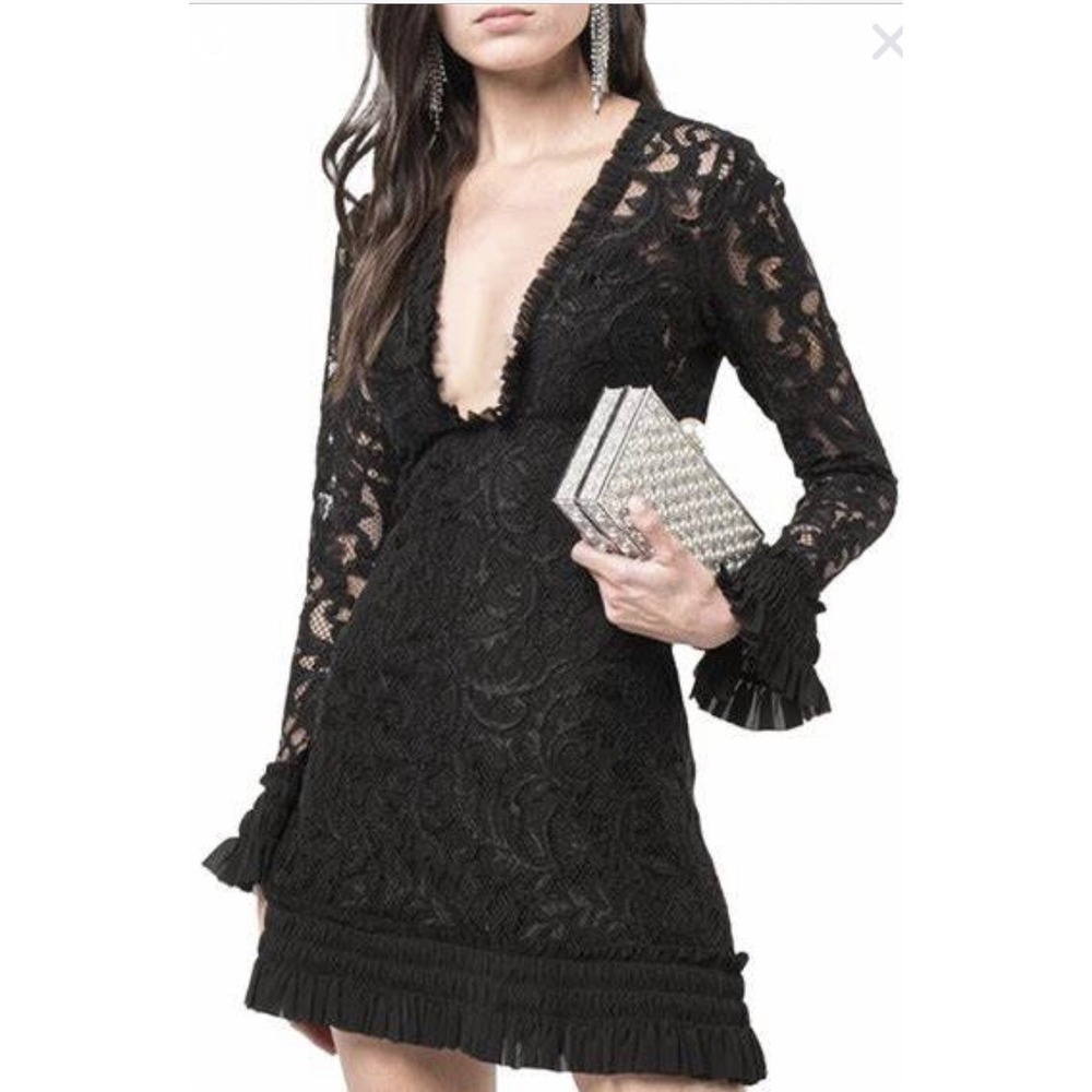 Alexis Black Black Lace Cocktail Dress Small Long Sleeve Whimsigoth Ruffle LBD